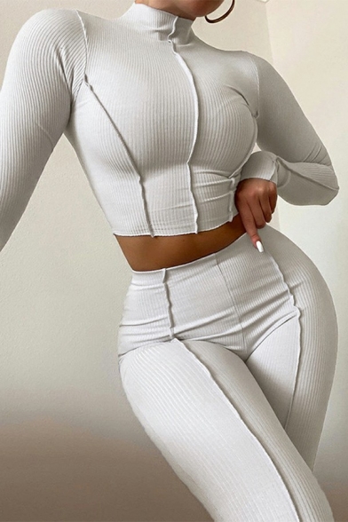 Chic Ladies Co-ords Pure Color Mock Neck Long Sleeve Cropped Top with High Waist Pants Co-ords