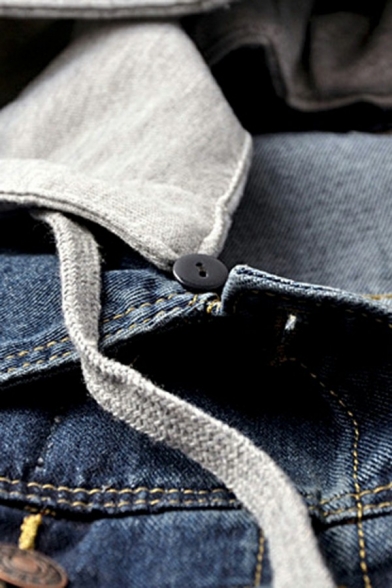 Classic Denim Jacket Faded Wash Spread Collar Button Down Hooded Denim Jacket for Women