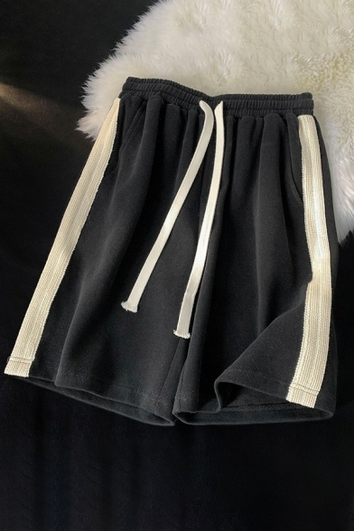 Dashing Mens Shorts Stripe Print Drawstring Waist Mid Rise Straight Fit Shorts with Pocket