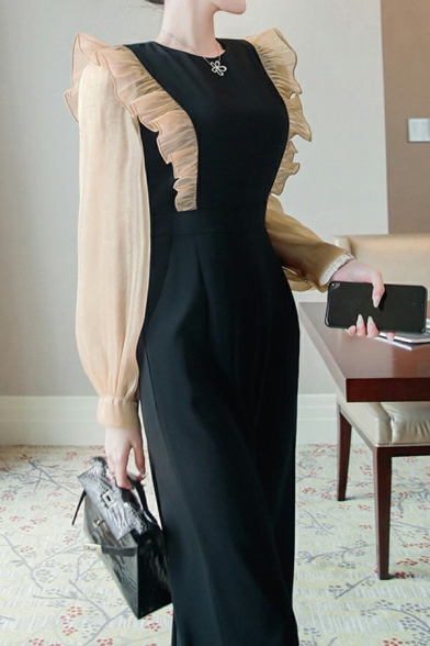 Elegant Womens Jumpsuits Contrast Color Crew Neck Long Sheer Sleeve Ruffle Pleated Jumpsuits