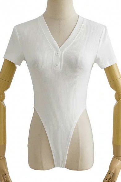 Fancy Womens Ribbed Bodysuit Plain V Neck Button Detail Short Sleeve Slim Fitted Bodysuit
