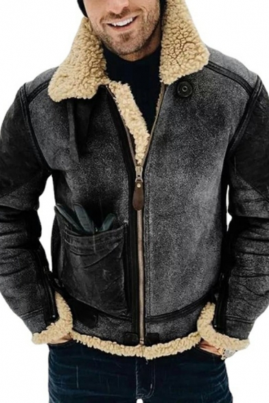 Guy's Edgy Jacket Contrast Color Long-Sleeved Loose Zipper Spread Collar Leather Jacket