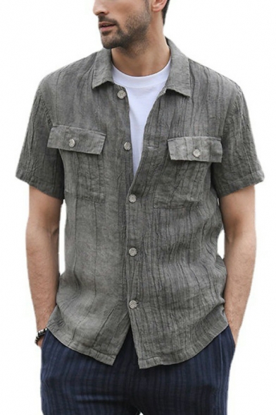 Leisure Mens Plain Shirt Button Closure Spread Collar Pocket Detail Regular Fitted Shirt