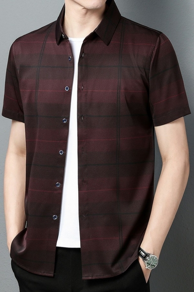 Modern Mens Plaid Pattern Shirt Button Closure Turn-down Collar Regular Fitted Shirt