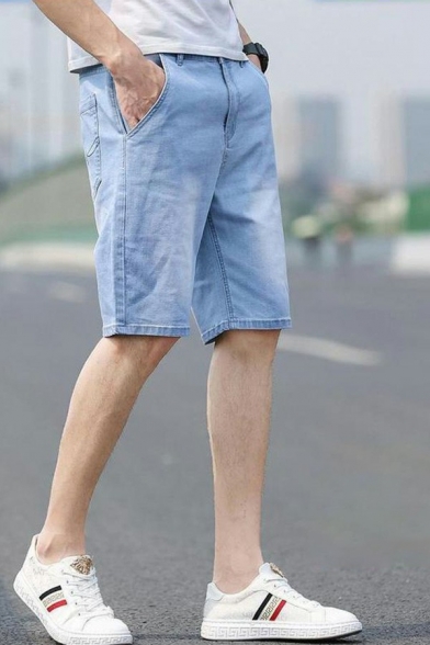 Modern Mens Shorts Plain Button Placket Pocket Detail Mid Rise Denim Shorts