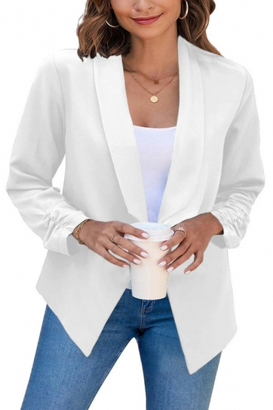 Popular Plain Blazer Open Front Lapel Collar Ruched Detail Irregular Hem Slim Fit Blazer for Women