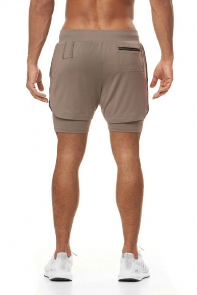 Sporty Mens Shorts Plain Fake Two Piece Drawstring Waist Mid Rise Regular Fit Shorts