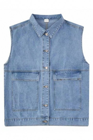 Trendy Womens Denim Vest Plain Spread Collar Single Breasted Flap Pockets Vest with Washing Effect