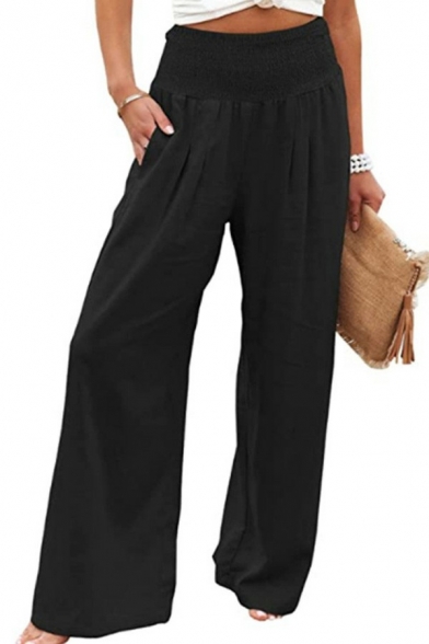 Trendy Womens Shirred Pants Solid Color Cotton and Linen High Waist Wide Leg Pants