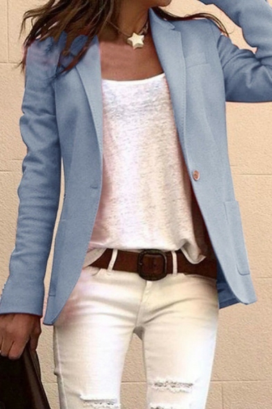 Unique Ladies Blazer Solid Color Notched Lapel Collar Single Button Slim Fit Blazer