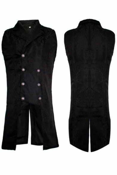 Vintage Mens Jacquard Vest Lapel Collar Slit Design Pure Color Double Breasted Regular Fit Vest