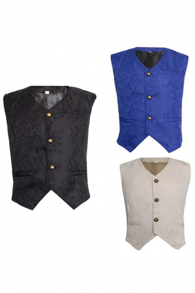 Vintage Mens Jacquard Vest V-neck Slit Pure Color Button Closure Regular Fit Vest