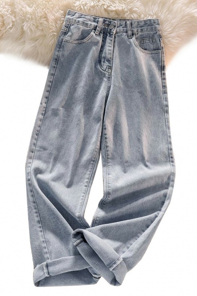 Women Cozy Jeans Solid Color Lace-up High Rise Long Length Loose Split Front Zipper Jeans