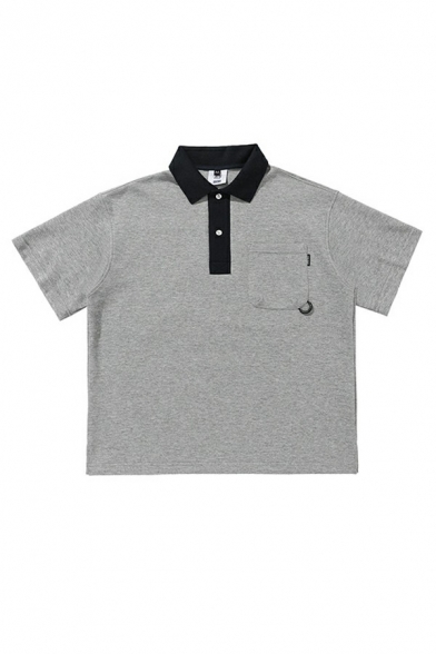 Basic Mens Polo Shirt Contrast Color Button Detail Turn-down Collar Polo Shirt with Pocket
