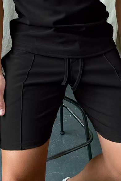 Basic Mens Shorts Solid Color Drawstring Waist Mid Rise Slim Fit Shorts with Pocket
