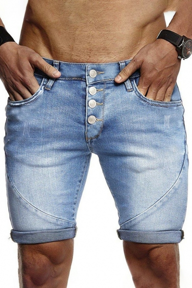 Dashing Mens Denim Shorts Plain Button Placket Wash Effect Mid Rise Regular Fit Denim Shorts