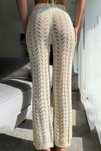 Fancy Womens Knit Pants Drawstring Waist Hollow Detail High Rise Long Straight Pants