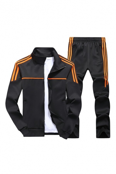 Guys Simple Co-ords Contrast Stripe Long Sleeve Stand Collar Zipper Hoodie & Pants Fit Set