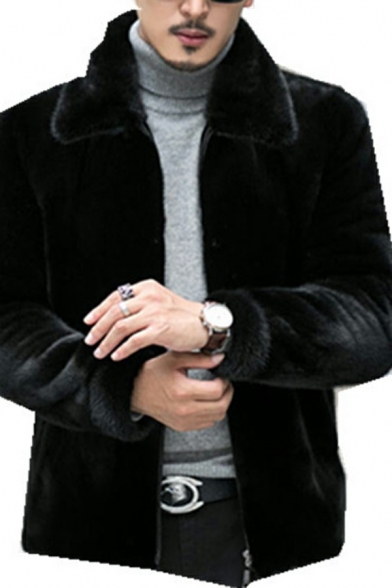 Men Urban Jacket Solid Pocket Relaxed Zip-up Brushed Spread Collar Leather Jacket for Men
