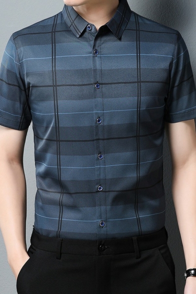 Modern Mens Plaid Pattern Shirt Button Closure Turn-down Collar Regular Fitted Shirt