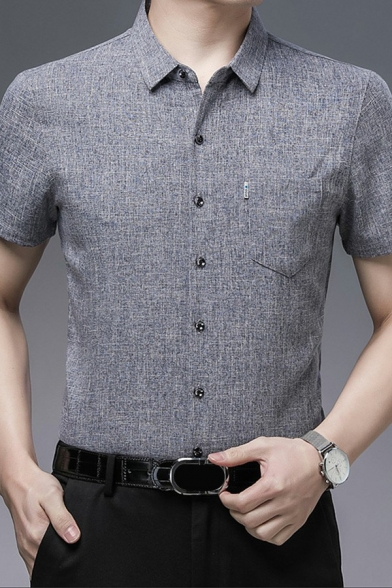 Simple Mens Shirt Heathered Short Sleeves Button Closure Turn-down Collar Shirt with Pocket