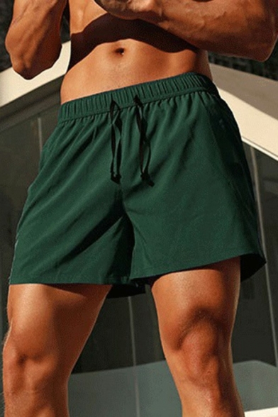 Simple Mens Shorts Pure Color Drawstring Waist Mid Rise Regular Fit Shorts with Pocket