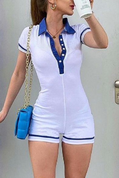 Sporty Ladies Rompers Contrast Trim Button Down Slim Fit Short-Sleeved Rompers