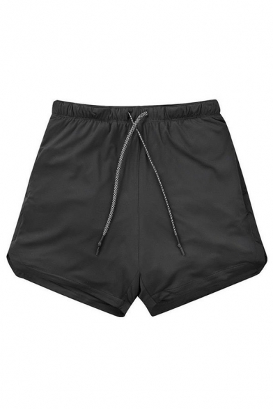 Sporty Mens Shorts Solid Color Drawstring Waist Mid Rise Regular Fit Shorts with Pocket