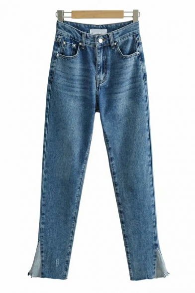 Stylish Womens Jeans High Waist Zipper Up Mid Wash Raw Hem Split Detail Girlfriend Jeans