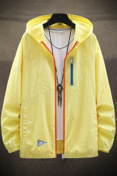 Trendy Mens Trench Coat Contrast Line Zip Closure Pocket Detail Regular Fit Trench Coat with Hood