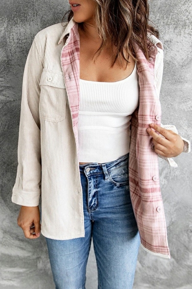 Unique Womens Jacket Plain Turn-Down Collar Long Sleeve Reversible Plaid Lined Single Breasted Jacket