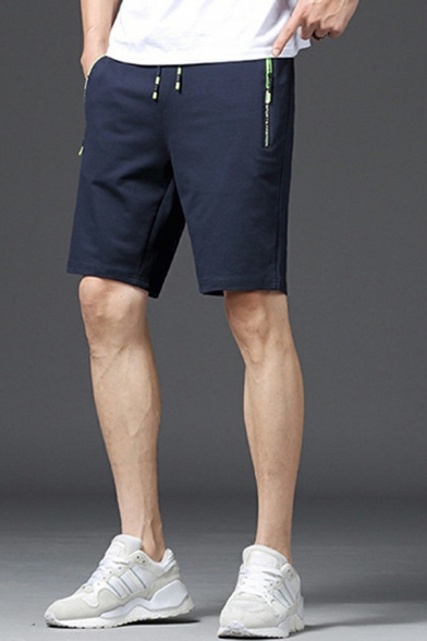 Vintage Mens Shorts Pure Color Drawstring Waist Mid Rise Shorts with Pocket