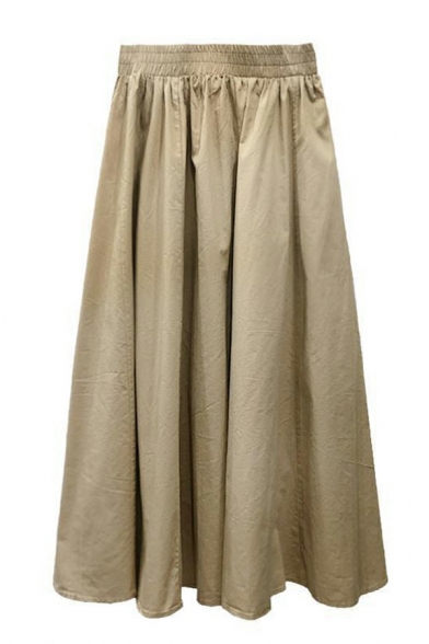 Vintage Womens Skirt Solid Color Elastic Waist A-Line Maxi Skirt