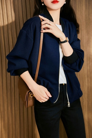 Casual Ladies Jacket Plain Stand Collar Zip Fly Long Sleeve Jacket