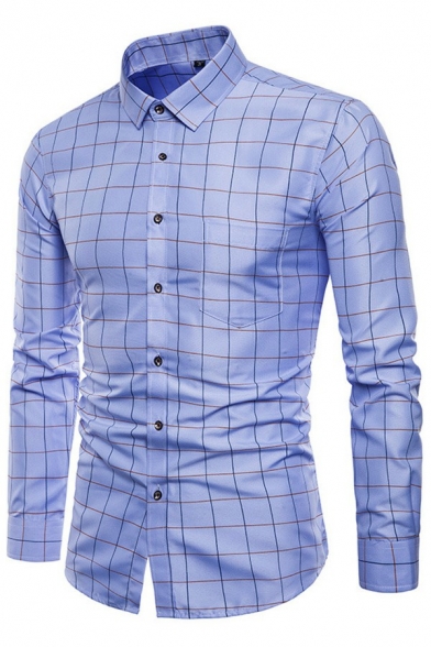 Casual Mens Plaid Print Shirt Button Closure Turn-down Collar Regular Fit Shirt