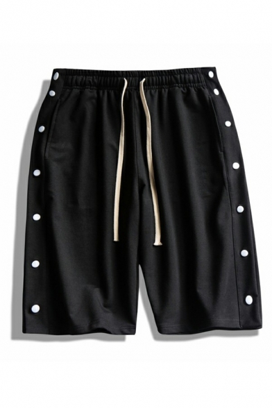 Chic Guys Shorts Plain Drawstring Waist Side Button Mid Rise Active Shorts
