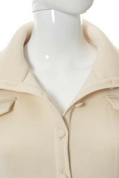 Chic Womens Jacket Plain Cap Sleeve Button Down Stand Collar Cropped Jacket