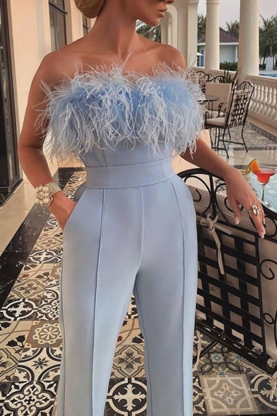 Chic Womens Jumpsuits Strapless Feather Patchwork Solid Color Slim Fit Jumpsuits