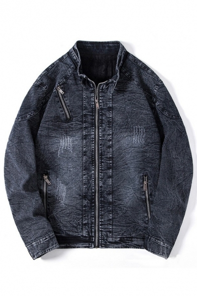 Daily Guys Denim Jacket Plain Stand Collar Zip Closure Pocket Detail Denim Jacket