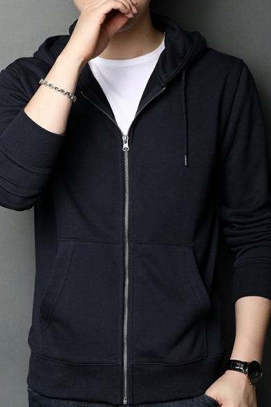 Fashion Plain Hoodie Drawstring Pocket Long-Sleeved Regular Hooded Zip down Hoodie for Men