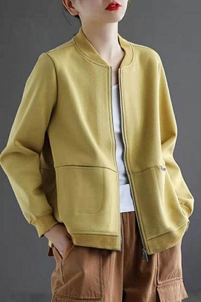 Leisure Womens Jacket Plain Stand Collar Zipper Fly Flap Pockets Long Sleeve Jacket