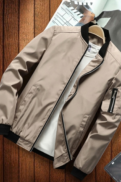 Mens Classic Jacket Color Block Stand Collar Long Sleeve Zip Closure Regular Fitted Baseball Jacket