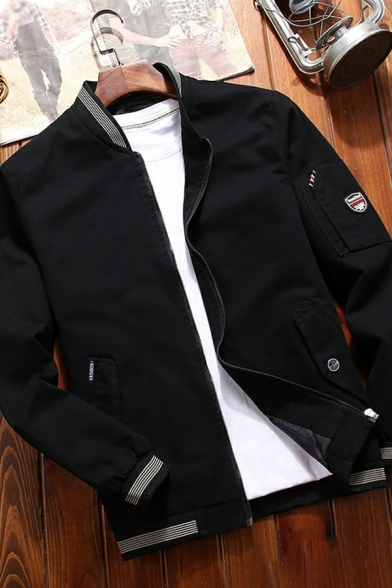 Mens Vintage Baseball Jacket Plain Zipper Closure Stand Collar Relaxed Fit Baseball Jacket