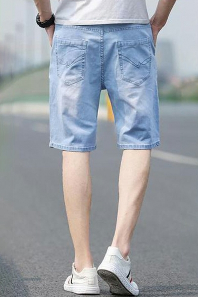 Modern Mens Shorts Plain Button Placket Pocket Detail Mid Rise Denim Shorts