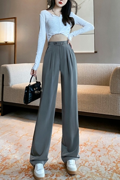 Simple Pants Pocket Solid Mid Rise Full Length Button down Regular Fit Pants for Ladies