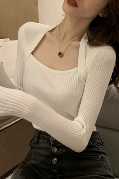 Stylish Ladies Sweater Plain Square Neck Long Sleeve Sweater
