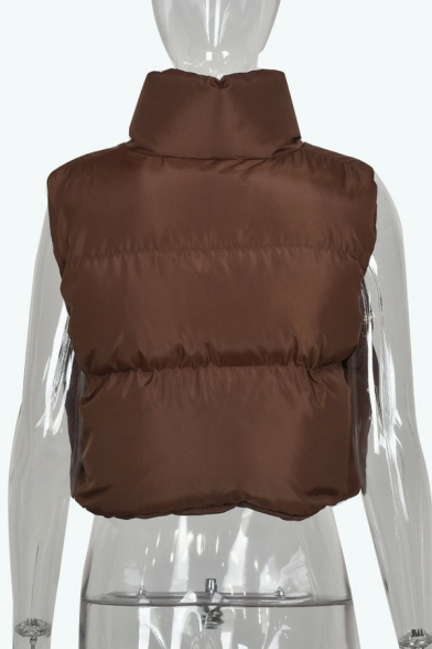 Stylish Plain Vest Pure Color Zipper Closure Drawstring Hem Spread Collar Crop Padded Vest