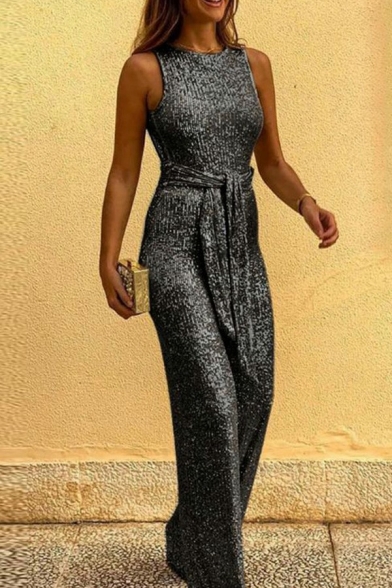 Vintage Womens Sequined Jumpsuits Crew Neck Solid Color Sleeveless Tied Waist Jumpsuits