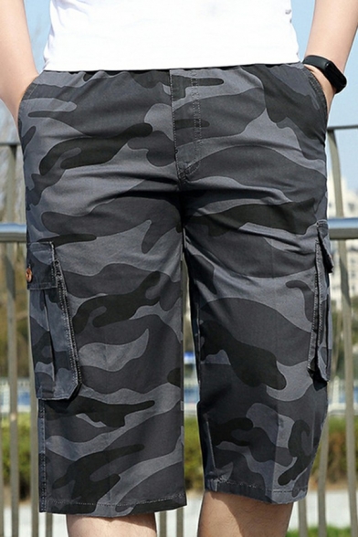 Chic Mens Shorts Camouflage Printed Elastic Waist Flap Pockets Mid Rise Cargo Shorts