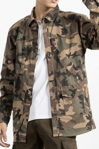 Dashing Guys Camouflage Jacket Plain Turn-down Collar Button Closure Pocket Detail Denim Jacket